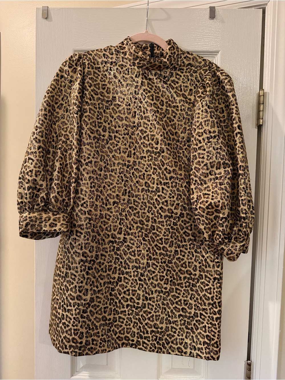 Zara Metallic Leopard Print Puff Sleeve Mini Dress Size M